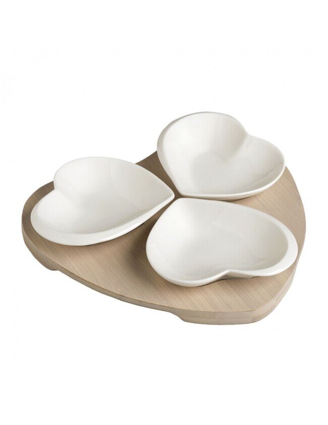 BRANDANI PORTASSAGGI 3 CUORI IN PORCELLANA BIANCA CON SUPPORTO IN BAMBOO NATURALE